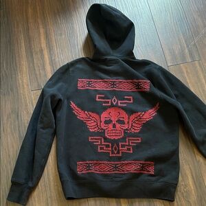 Y2K Lucky Brand skull embroidered heavyweight cotton zip front hoodie unisex/men